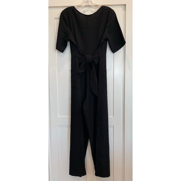 Polagram Black jumpsuit zip front short sleeve with tie sash , pockets, Medium - Picture 2 of 10